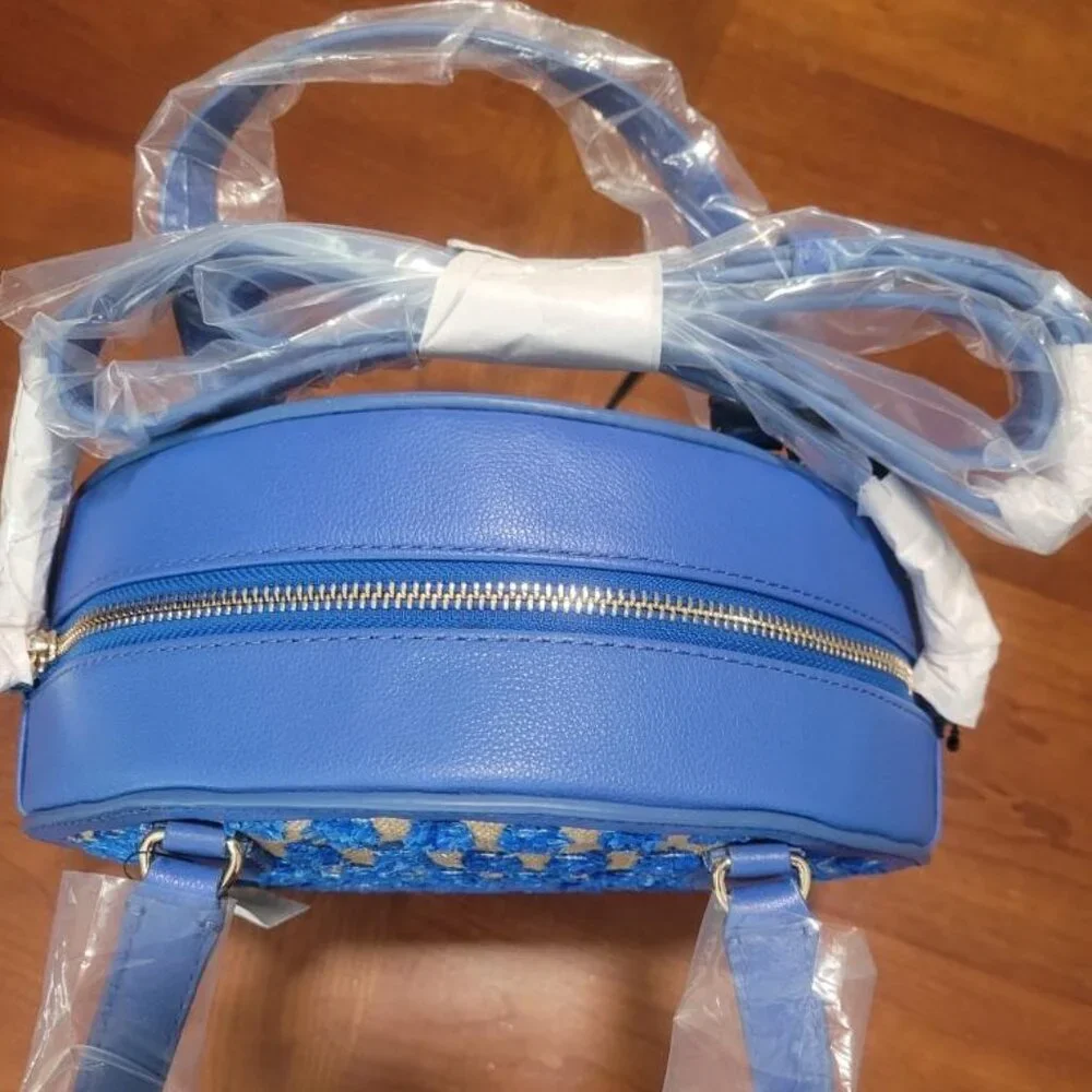 Talbots Blue Round Raffia Handbag with Detachable Crossbody Strap; 10"x3"x10" - Picture 7 of 9